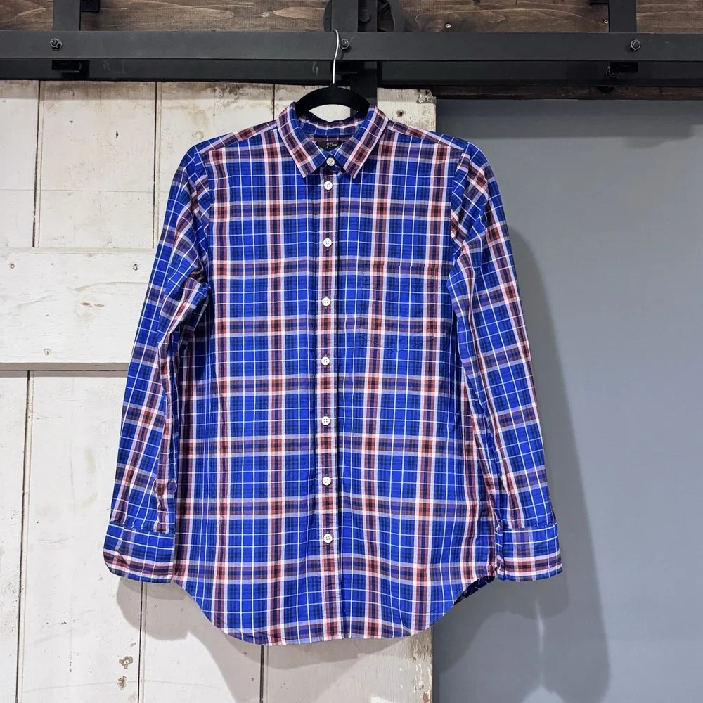 J. Crew Men's Collared Button Up‎ Pocket Long Sleeve Cotton Shirt Blue Red Plaid